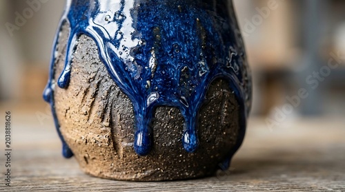 Handcrafted ceramic mug with blue glaze dripping on rough textured clay