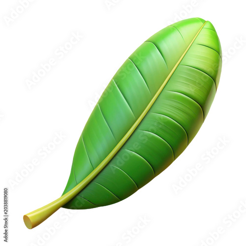 Realistic 3d rendering of a vibrant green banana leaf with detailed texture and stem transparent background
