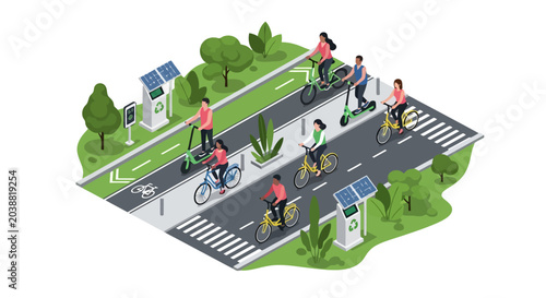 Isometric View of People Riding Bicycles and Scooters on City Streets.