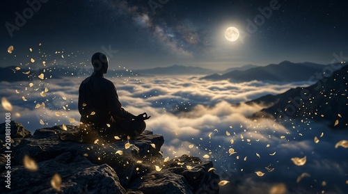 Buddhist monk meditating on mountain above clouds under full moon and starry sky at night with glowing ethereal petals