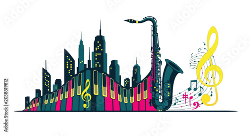 Saxophone Musical Instrument with Keys and Brass Body Illustration.