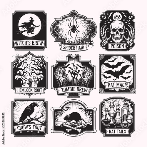 Collection of Grunge Halloween Symbols and Icons on Black Background Vintage Style