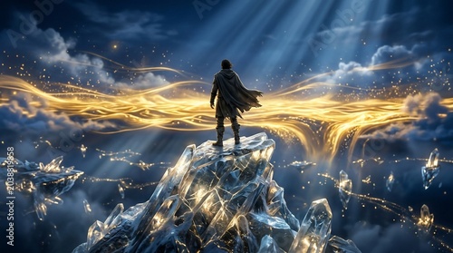 Lone warrior standing on a crystal mountain peak under glowing nebula sky