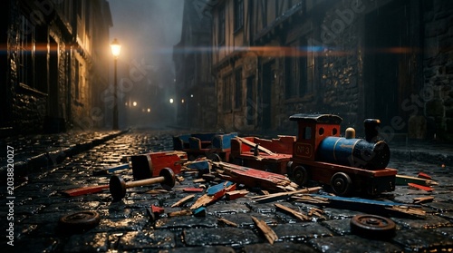 Broken wooden toy train abandoned on a wet cobbled street at night under dim lamp.