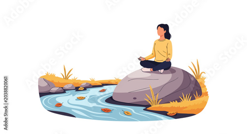 Woman in Yoga Position Meditating on a Rock Illustration.