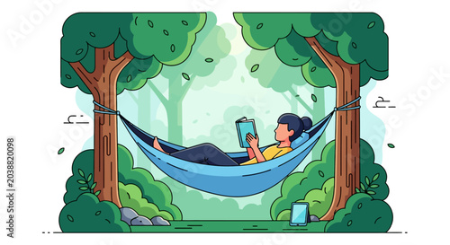 Woman Relaxing in Hammock Reading a Book in Forest.