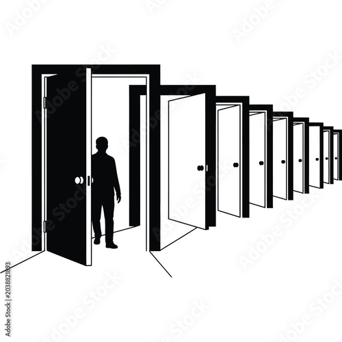 Foto Silhouette of a man standing in an open doorway with a long row of doors recedin