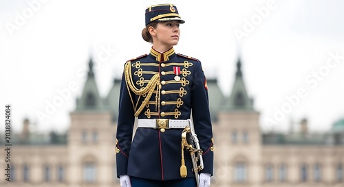 Woman in military uniform standing in front of a city skyline