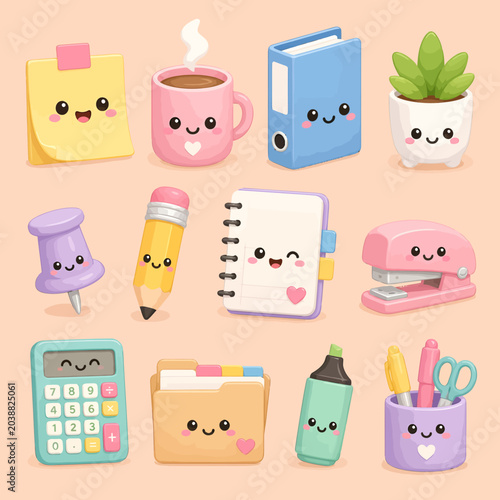 Collection of Cute Cartoon Office Supplies with Smiling Faces.