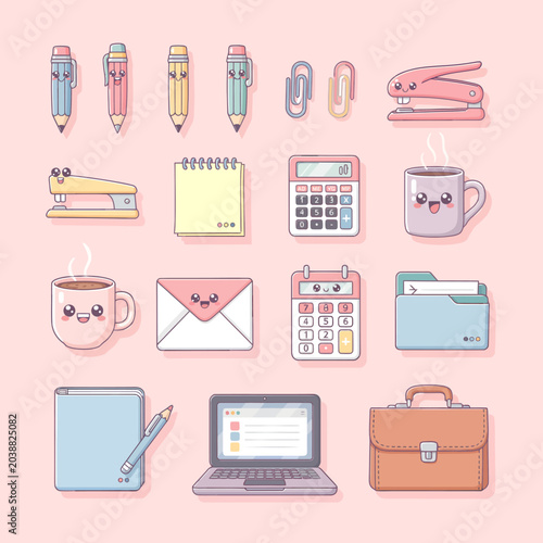 Collection of Cute Office Supplies and Stationery Items on Pink Background.