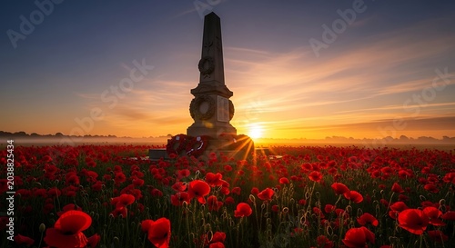 Cenotaph monument in a field of poppies at sunset