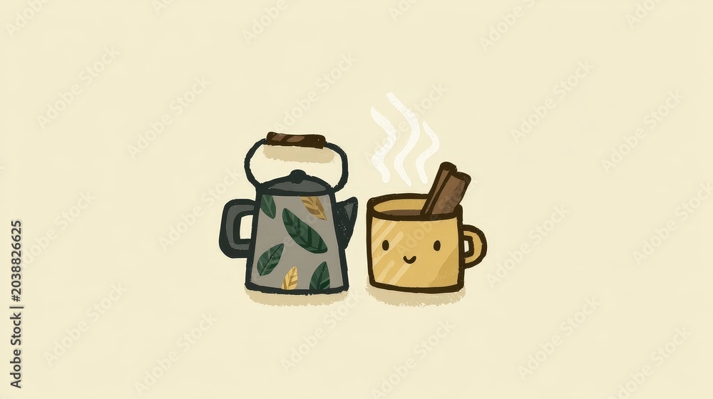 Fototapeta premium Cute Cartoon Teapot and Mug Design with Leaves and Cinnamon Stick