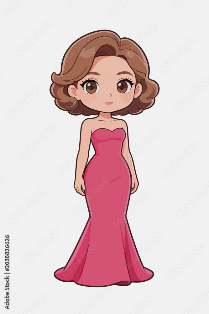 Fototapeta premium Chibi cartoon female character in pink evening gown