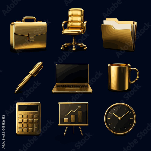 Golden Office Supplies Collection - Briefcase, Chair, Folder, Pen, Laptop, Mug, Calculator, Chart, Clock.