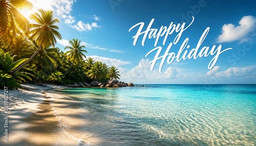 Tropical Beach with Palm Trees and Clear Blue Ocean on a Sunny Day