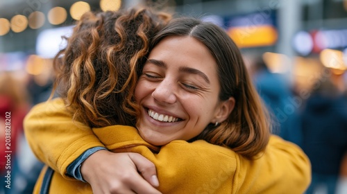 Two female friends sharing an emotional reunion hug at station.