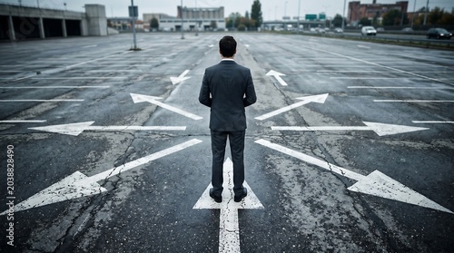 Rear view of a businessman standing in an empty asphalt parking lot facing multiple white arrow indicators pointing in different directions, symbolizing decision-making and career pathways.