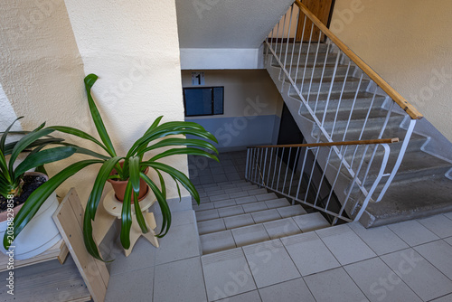 Apartment building staircase with indoor plants