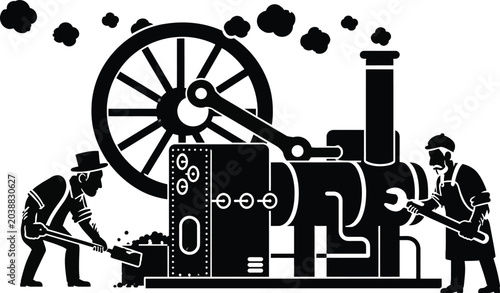 Photos Industrial Revolution Vintage Steam Engine and Workers Retro Vector Illustration