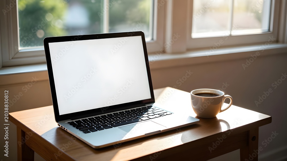 Fototapeta premium aptop with Blank White Screen and Coffee Cup on Wooden Desk for Digital Marketing Mockup. Professional workspace featuring a modern laptop with a blank white screen positioned on a wooden 