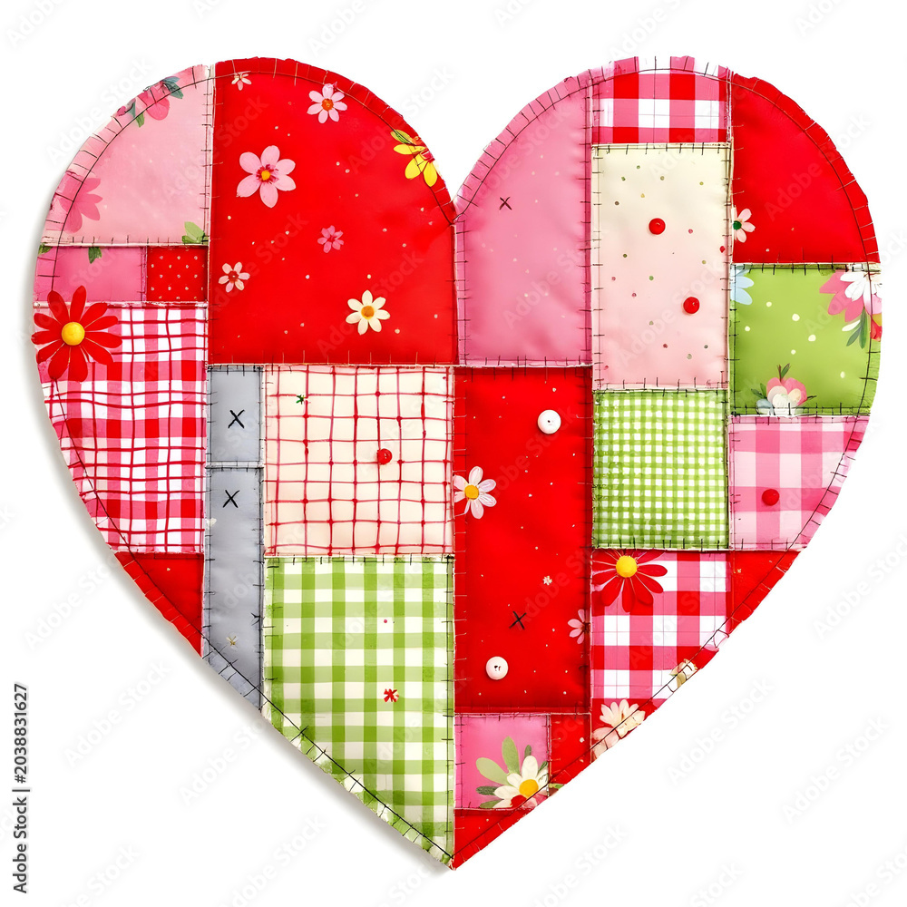 Obraz premium A heart-shaped quilt made of various red, pink, and green fabric patches with floral and gingham patterns