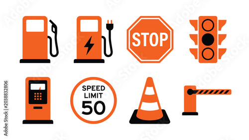 Set of various road and transport related icons including gas station, electric charging, stop sign, traffic light, speed limit, and barrier.