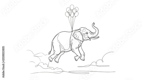 Konstfotografi Floating Elephant with Tiny Balloons – Continuous One Line Whimsical Surreal Vec