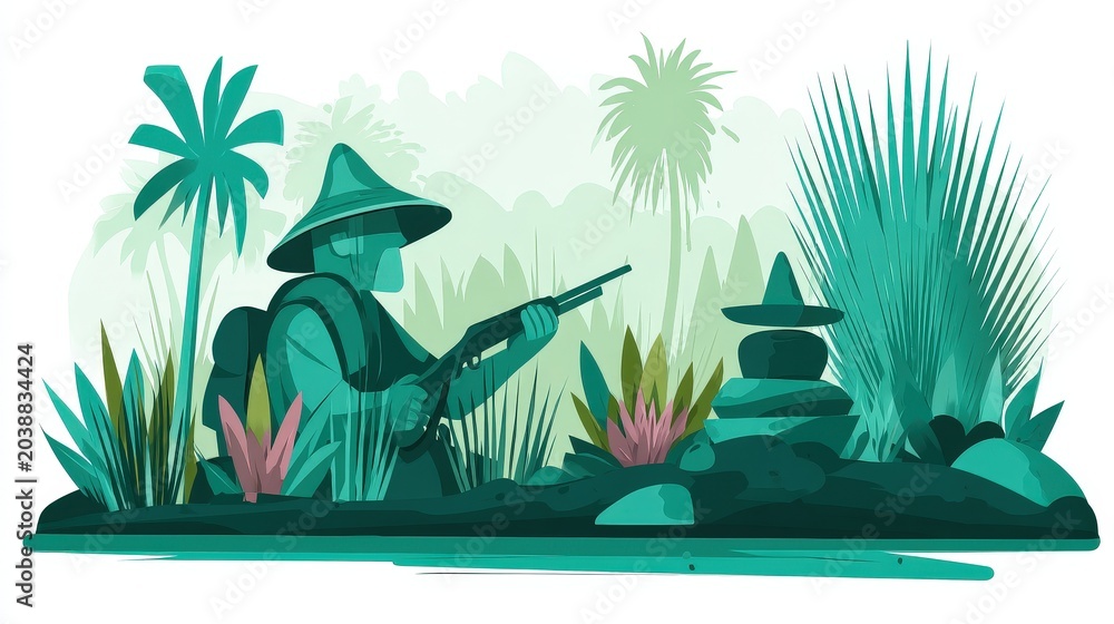 Obraz premium Soldier in Jungle with Rifle Surrounded by Lush Greenery and Plants