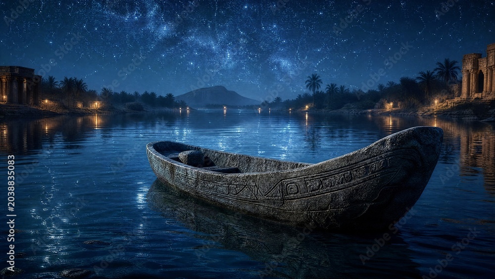 Fototapeta premium Primitive stone boat drifting on an ancient shimmering river beneath a star-filled night sky.