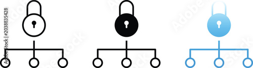 Padlock flow chart icon set. Security network nodes, access control hierarchy. Lock symbols for cybersecurity, privacy protection, authentication systems, data infrastructure and web app UI interface
