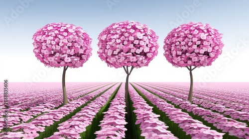 Beautiful pink flowering trees in field of vibrant floral scenery