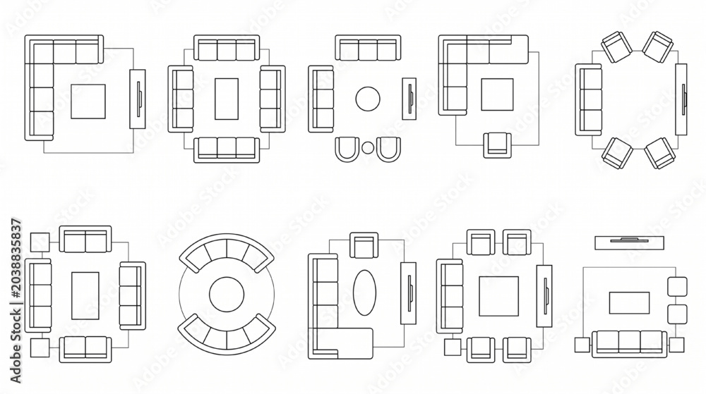 Fototapeta premium Architectural Interior CAD Symbol Sheet Living Room Furniture Top View Layout Technical Vector Set