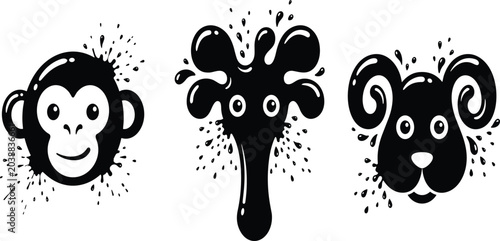 Photography Cute cartoon animal heads set with monkey giraffe and ram profiles featuring bla