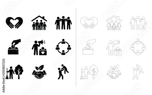Community Support and Volunteer Activities Icon Set - Charity, Family Assistance, Social Care and Environmental Action