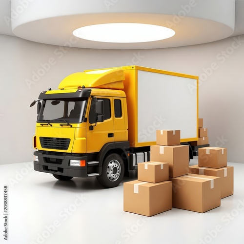 Yellow Delivery Truck With Stacked Cardboard Boxes In Warehouse Logistics And Shipping Concept