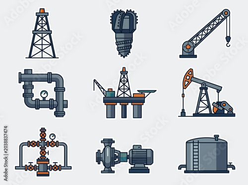 Canvastavla Oil and Gas Drilling and Refining Icon Set, Sticker Style Vector Illustrations i