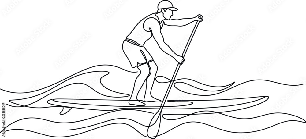 Obraz premium Stand up paddleboarder on wavy water, outline drawing, active lifestyle