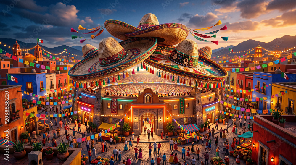 Obraz premium Vibrant Mexican Festival Plaza with Giant Sombrero Roof Architecture