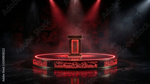 elegant podium with red neon lights and oriental dragon patterns