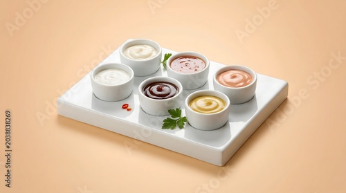 Sauce cups on white serving tray