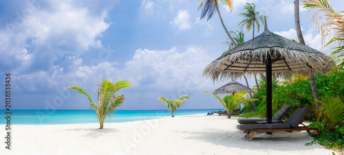 Vacation summer holidays leisure background - sunny tropical Caribbean paradise resort beach with white sand, lounger, palms on Maldive