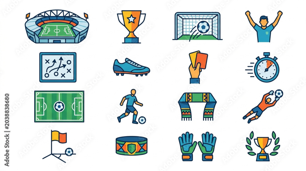 Fototapeta premium Soccer Football Icons Collection Stadium Goal Trophy Player.