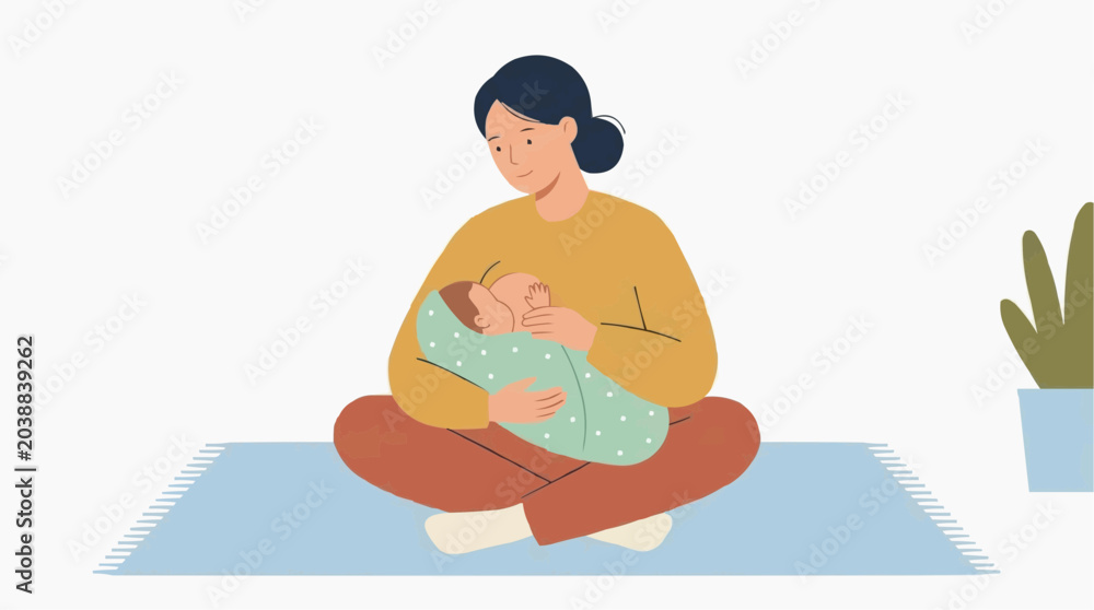Obraz premium Woman Breastfeeding Baby Flat Illustration, Mother Nursing Newborn Maternity Lifestyle Vector