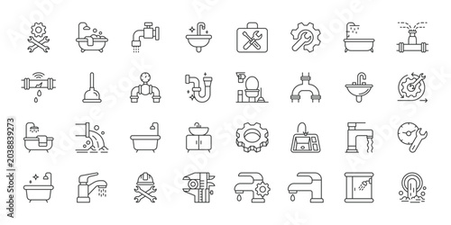 Plumbing Service icons in line design. plumbing, service, repair, pipe, water, maintenance, tools on white background vector. Plumbing Service editable stroke icon