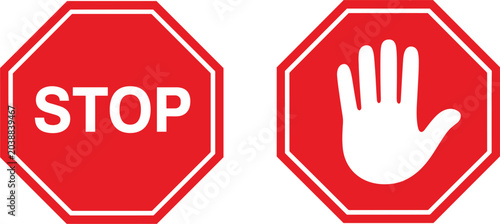 Red octagon stop road signs with text and hand gesture symbol set, traffic safety concept vector