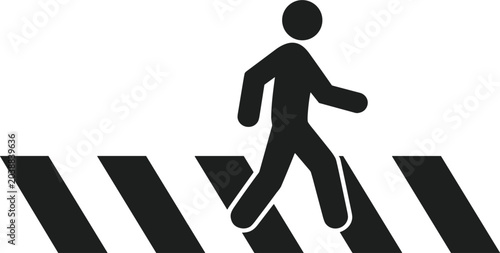Pedestrian silhouette walking on zebra crosswalk icon, black road safety street crossing concept vector