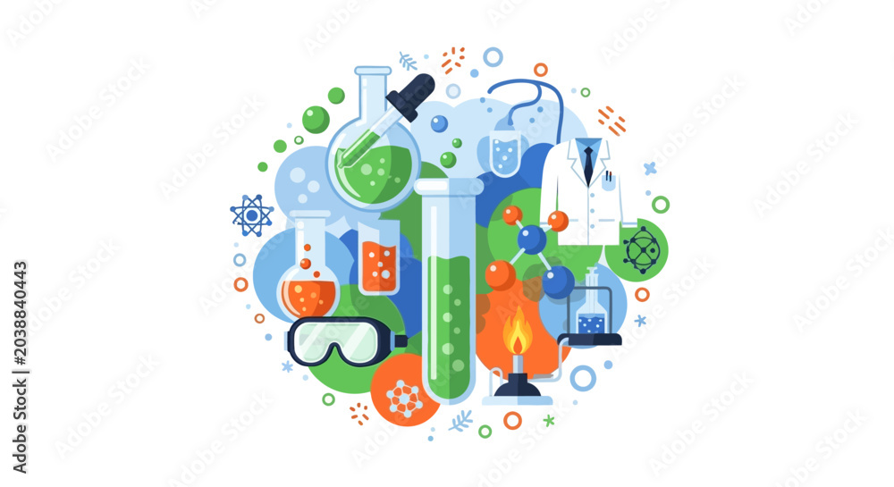 Fototapeta premium Flat Vector Illustration of Science Laboratory Equipment with Beakers, Test Tubes, and Molecules for Chemistry and Biotech Research Concepts