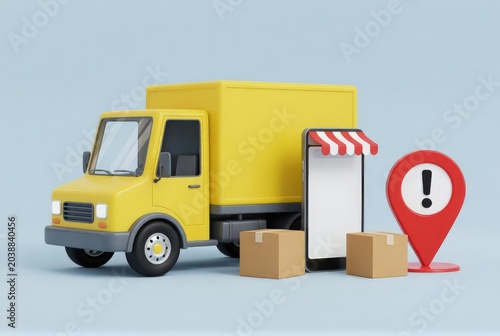 3D illustration of a yellow delivery truck with packages and a smartphone for online shopping