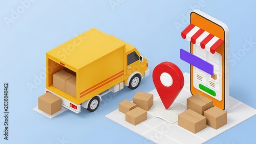 3D illustration of a yellow delivery truck with packages and a smartphone for online shopping