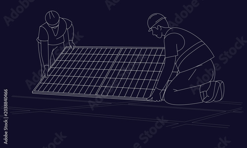 Solar Panel Installation Workers, Technicians Installing Solar Energy Panels Illustration, Hand Drawn in Thin Line Style
